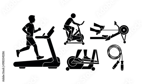 treadmill running machine, stationary bike exercise, rowing machine pull handle, elliptical trainer foot pedals, jump rope long