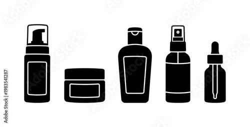 face wash cleanser bottle, moisturizer cream jar, sunscreen lotion bottle, toner bottle spray, serum dropper bottle bold black