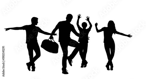 Four people dancing with luggage in black silhouette isolated on transparent background, Vector