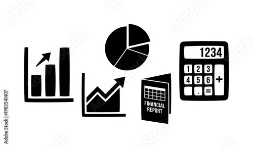 bar chart ascending growth, line graph trend arrow, pie chart circle division, financial report document, calculator numeric