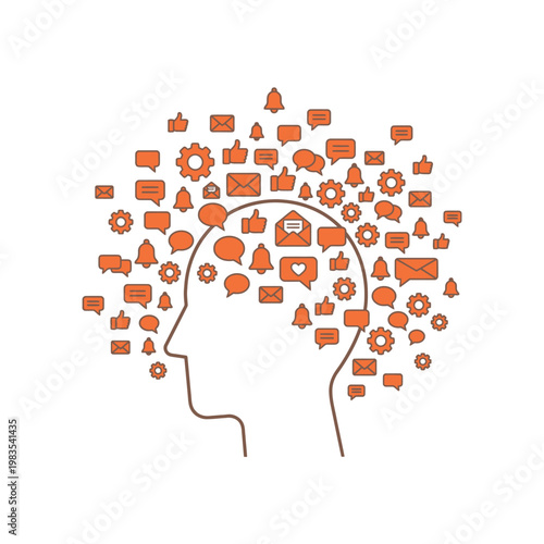 Conceptual illustration of a human head filled with social media and communication icons representing digital information overload.