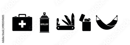 first aid kit box container, insect repellent spray, multi-tool pocket knife, fire starter flint device, portable hammock hanging