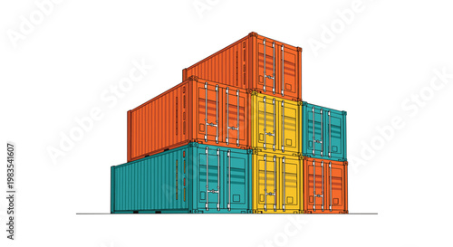 Multiple colorful industrial shipping containers are stacked in a dynamic three-quarter perspective view showing depth and structural details against a stark white backdrop.
