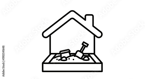 Stylized house outline above a sandbox with toys