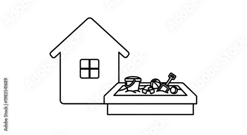 House with window and sandbox filled with toys