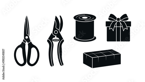 florist scissors cutting tool, pruning shears garden tool, ribbon spool wrapping roll, gift box flower packaging, floral foam