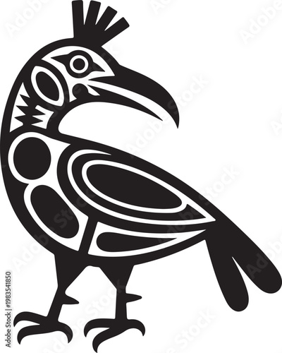 Stylized black and white bird with abstract patterns and a long beak