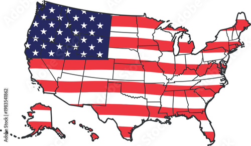 United states map with american flag design isolated on transparent background patriotic symbolism