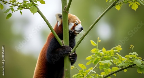 Red panda climbing a tree branch.