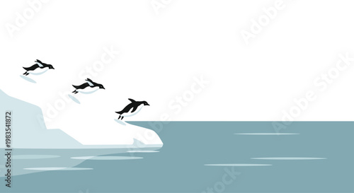 Three adorable black and white penguins are captured mid-air jumping from a pristine white snowy iceberg into the calm blue waters of the ocean.
