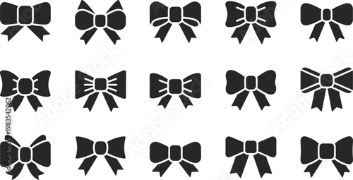 Black bow tie icons, bowtie symbols, ribbon shapes, elegant accessories, formal wear elements, vector graphics