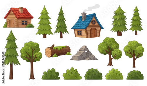 Cartoon forest house vector set cabin trees stones bush nature