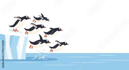 A large group of six energetic penguins leaps simultaneously from the edge of a blue-tinted iceberg into the cool rippling waters of the sea.