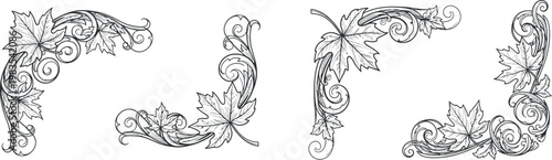 A black and white drawing of four ornate leafy designs, possibly for use as borders or frames, on a plain white background