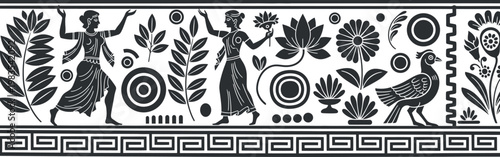 Ancient greek pottery fragment figures floral motifs and birds isolated on transparent background