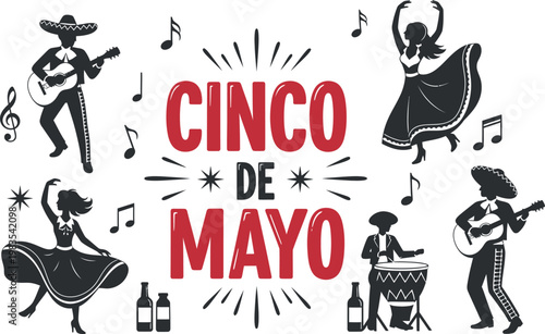 Cinco de mayo celebration a festive sketch with musicians dancers and traditional instruments isolated on transparent background