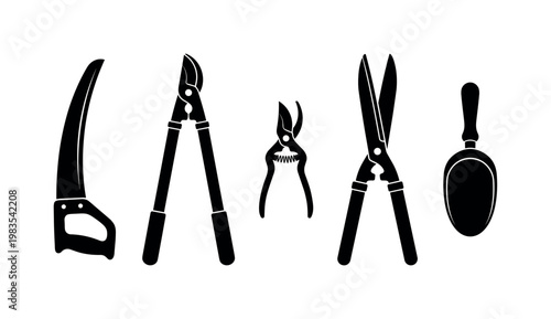 hand trowel digging tool, garden spade small shovel, hand fork three prongs, pruning shears cutting tool, garden hoe long handle