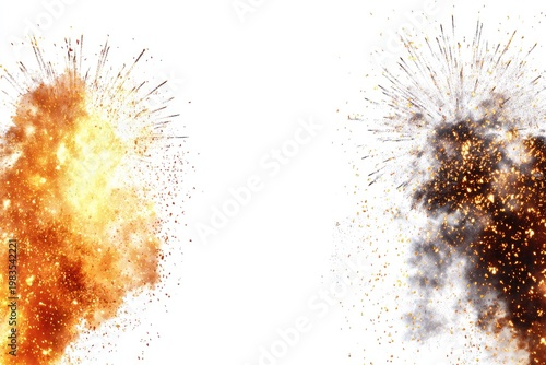 Explosions of fiery, orange and dark smoke, contrasted on a stark white background