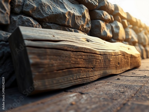 Rustic Wood Beam Against Stone Wall, Warm Sunlight