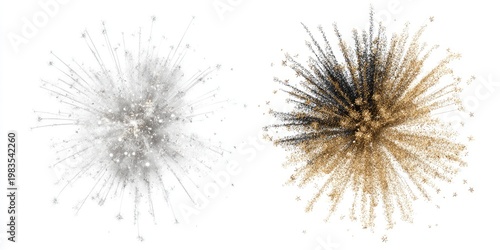Two abstract bursts of particles in different color schemes, set against a plain white background