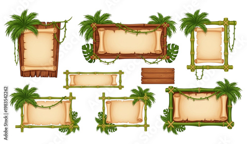 Jungle wooden signboard vector bamboo frame tropical leaves game UI asset