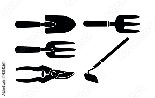Collection of black silhouette garden tools including a trowel, fork, hoe, and shears