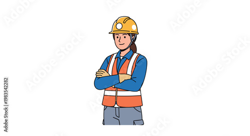 A professional female construction worker wearing a bright orange safety vest and yellow hardhat stands confidently with crossed arms against a clean white background.
