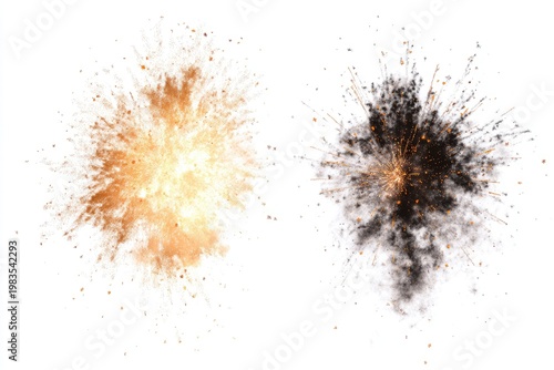 Two abstract explosions, one orange and yellow, the other black and gray, on white