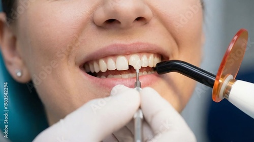 Dentist performing professional tooth restoration with curing light.