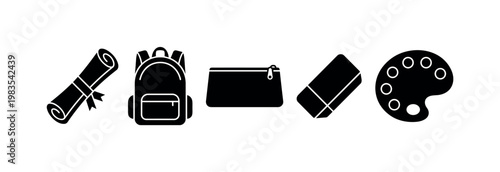 graduation diploma rolled scroll, backpack school bag, pencil case zippered, eraser block shape, paint palette art tool bold black