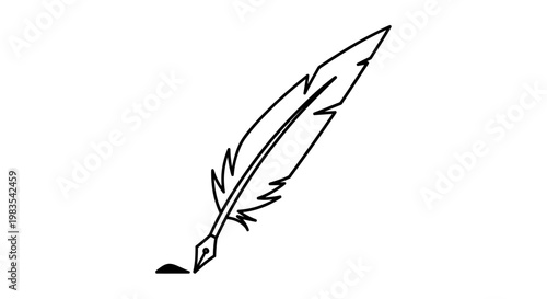 Line art of a quill pen touching ink, on a white background