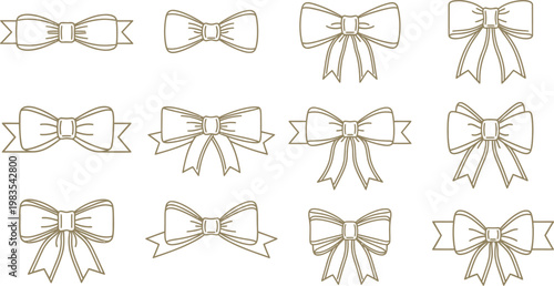 Gold ribbon bow icons, elegant gift decoration, luxury vector graphics, 12 bow tie illustrations