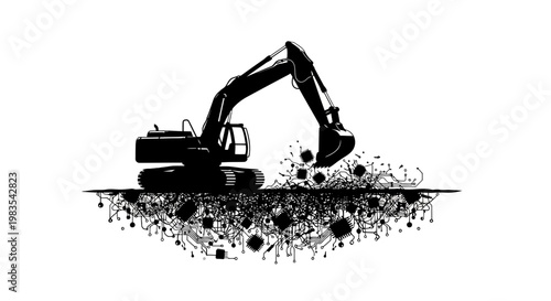 Excavator digging into the ground with debris.