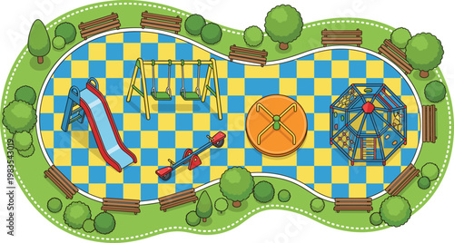 Playground Layout Illustration with Swings, Slide, Seesaw, and Carousel for Outdoor Fun, Childrens Park, and Recreational Area Design