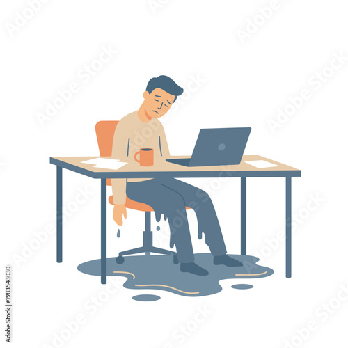 Exhausted office worker melting at his desk due to burnout and overwork.