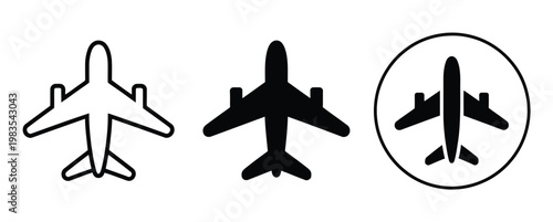 Airplane icon set, vector collection of flight transport symbols and aeroplane signs for travel, aviation, tourism, booking, and transportation design applications