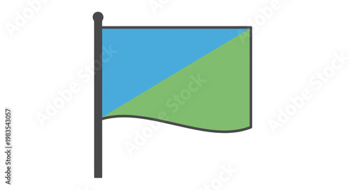 A dark gray pole holds a flag divided diagonally into blue and green halves