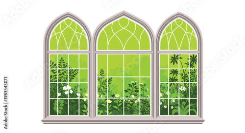 Three elegant Gothic arched windows with intricate white tracery reveal a lush green garden filled with vibrant foliage and delicate white blossoms.