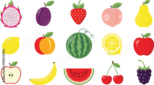 Fruit Icon Set with Apple Banana Watermelon Strawberry and Citrus Collection in Flat Style for Healthy Food Design and Fresh Illustration