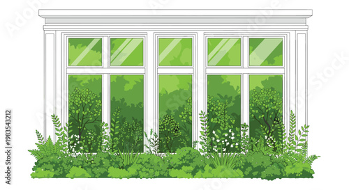 A large white-framed window with four rectangular panes overlooks a dense manicured hedge of vibrant green shrubbery under soft natural daylighting.