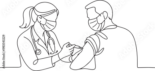 Continuous line drawing woman doctor wearing protective mask giving vaccination to patient healthcare medical safety concept