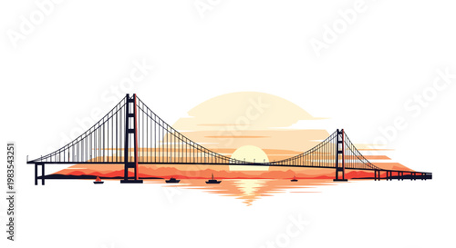 A long suspension bridge spans across calm water against a massive golden sun setting behind distant mountains while small boats drift on the surface.