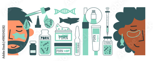 Anti-aging  non-invasive skincare with salmon PDRN. Korean beauty aestetic treatment for facial revitalization and rejuvenation. Serum, cream, ampoule, microneedles, syringe.