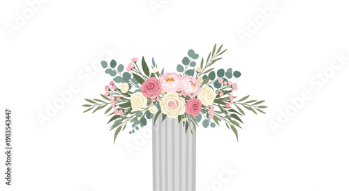A sophisticated bouquet of pink and white roses with eucalyptus leaves sits atop a classic grey fluted stone pedestal against a clean white background.