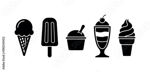 ice cream scoop round, popsicle stick frozen, gelato cup small, parfait glass layered, frozen yogurt swirl cone bold black