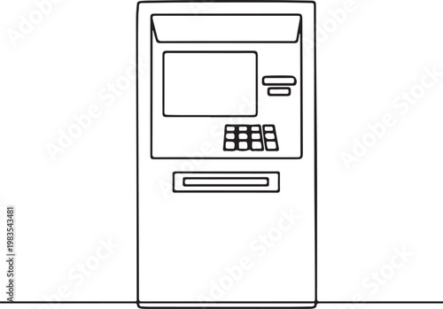 ATM line drawing automated teller machine banking transaction saving money finance technology minimal outline illustration