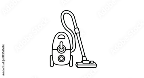A black line drawing depicts a canister vacuum cleaner with its hose and floor head