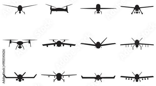 Unmanned combat aerial vehicles collection, unmanned drone military vectors, surveillance defense systems, advanced aviation technology illustration set