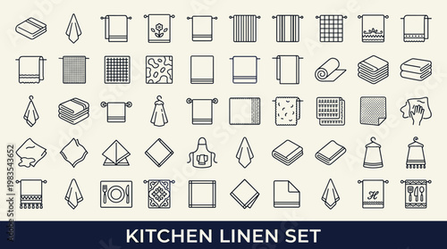 Collection of kitchen and bath linen icons for design and decor