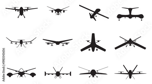 Unmanned combat aerial vehicles collection, military surveillance drone vector set, multiple angle modern warfare defense aviation technology illustration